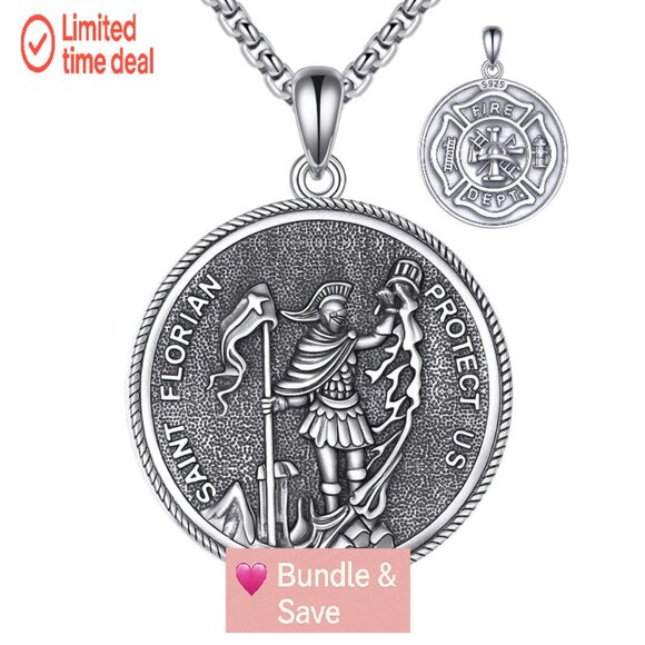 Sterling Silver Saint Florian Medal Pendant Necklace 22+2 Inch Chain